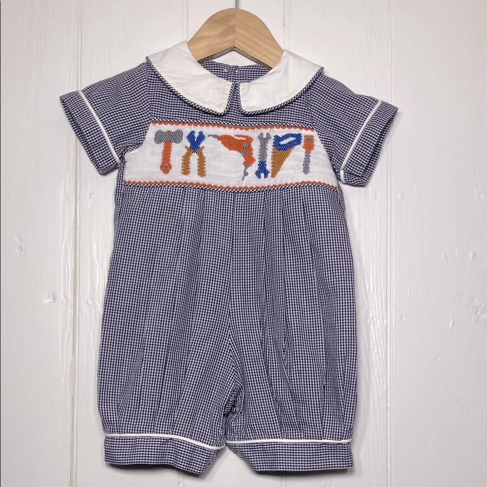 REMEMBER NGUYEN EUC Boys Hand Smocked Gingham Peter Pan Collar Heirloom Romper